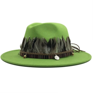 Detail of wool fedora hat with ethnic woven band, feathers and vintage coin pendant