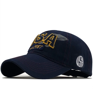 Dark blue cotton baseball cap featuring USA eagle embroidery and curved visor