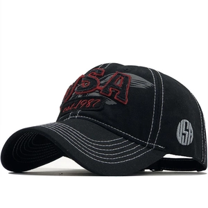 Classic black cotton baseball cap with red USA eagle embroidery and contrast stitching