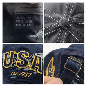 Cotton baseball cap with USA eagle embroidery and adjustable metal buckle in navy blue