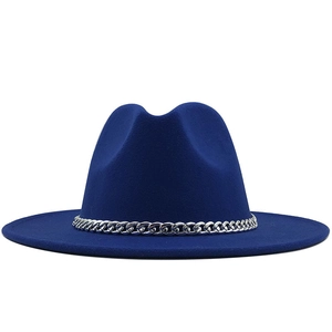 Deep blue wool fedora hat featuring a wide flat brim and a chunky silver metal chain