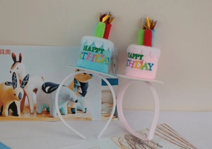 Detail of plush Happy Birthday headbands featuring cake and candle embroidery for parties