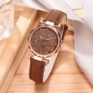 Elegant women's quartz watch with brown starry dial and frosted leather strap