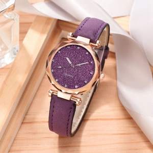Detailed view of women's purple starry sky quartz watch with rose gold finish