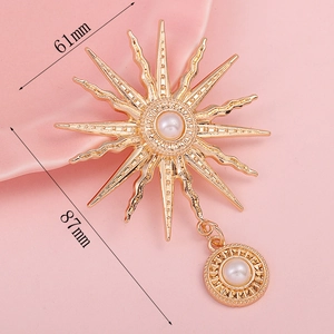 Golden sunburst pendant with pearls for DIY jewelry craft, size 61mm by 87mm