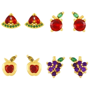 Cute Fruit Stud Earrings Gold Plated Copper Colorful Cubic Zirconia Watermelon Grape Apple Orange Jewelry For Women