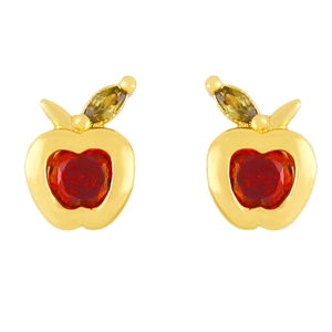 Chic red crystal apple stud earrings with gold plating and green leaf gemstone