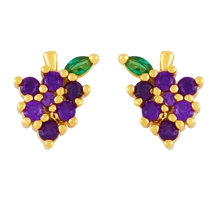 Cute purple grape stud earrings with gold plating and sparkling crystal accents