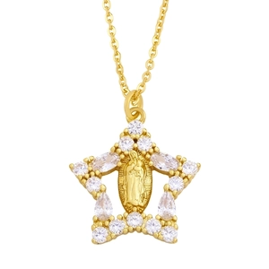 Detailed view of Virgin Mary star pendant with pavé zircon settings on a fine gold chain