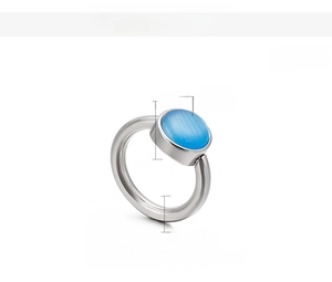 Detail view of 3mm stainless steel ring with 12mm blue cat eye stone inlay and dimensions
