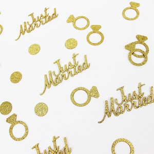 Golden glitter Just Married confetti with diamond ring and round sequins for wedding decor
