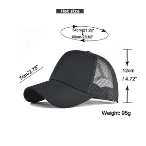 Size chart showing circumference 54-60cm and dimensions of the mesh trucker baseball cap