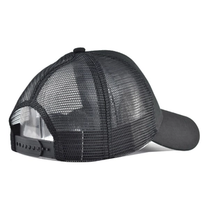 Detail view of adjustable snapback closure and breathable mesh on black trucker hat
