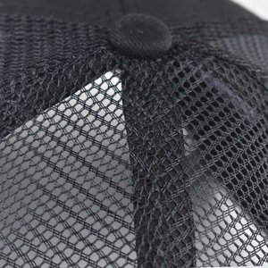 Close-up of top button and breathable mesh panels on a classic black baseball cap