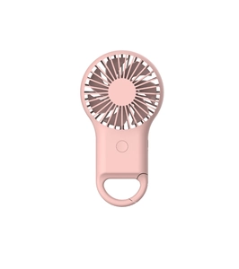 Pink portable handheld mini fan with integrated bottom carabiner hook for outdoor use