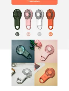 Mini portable pocket fan in four colors shown in lifestyle settings with hook handle