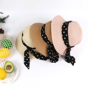 Summer straw sun hats for kids with polka dot ribbons in white, khaki and pink