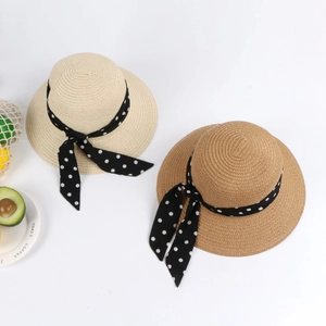 Women Girls Summer Straw Bucket Hat Wide Brim Sun Protection Polka Dot Ribbon Bow Beach Breathable Travel
