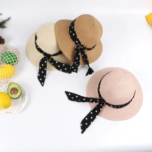 Kids summer straw sun hats with polka dot ribbons in beige khaki and pink colors