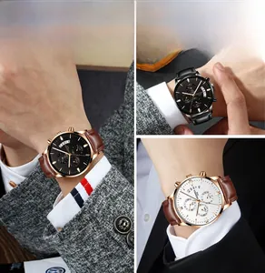 Vues détaillées des couleurs du chronographe avec bracelet en cuir et cadrans fonctionnels
