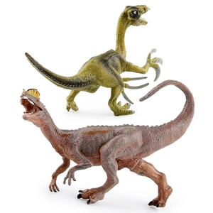 Set of realistic Therizinosaurus and Dilophosaurus dinosaur figures on white background
