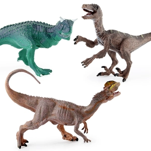 Realistic dinosaur toy models including Carnotaurus, Velociraptor and Dilophosaurus