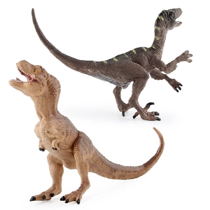 Realistic dinosaur toy set including T-Rex and Velociraptor with detailed scale textures