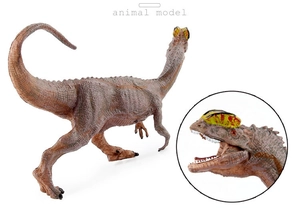 Detail of Dilophosaurus dinosaur toy showing textured skin and colorful head crests