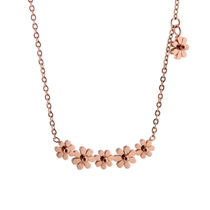 Rose gold titanium steel necklace with seven daisy flower pendants on a thin O-chain