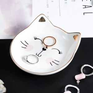 Creative Cat Ceramic Jewelry Tray Cute Gold Painted Edge Dessert Plate For Rings Earrings Nordic Desktop Decor Trinket Dish