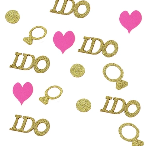 Gold glitter and pink I DO ring heart confetti for wedding and engagement party decor
