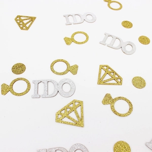 Glittering gold and silver I DO confetti with diamond and ring shapes for wedding decor