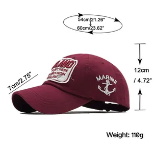 Detailed size chart for cotton fishing baseball cap with height and brim measurements