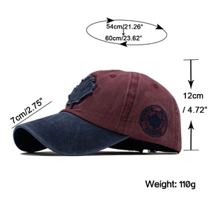 Side view of vintage washed baseball cap with detailed size and weight specifications