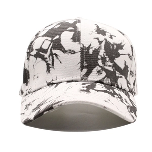 Detail of trendy tie-dye baseball cap with black and white marble ink texture pattern