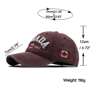 Misure dettagliate del cappellino in cotone lavato con ricamo Canada e foglia d'acero
