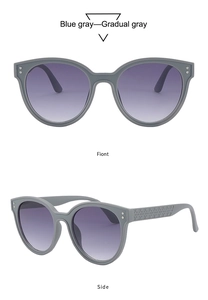 Front and side views of blue gray cat eye sunglasses with gradual purple gray lenses
