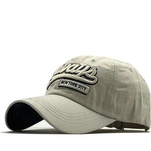 Detail of 3D embroidery Always New York City on a beige cotton baseball cap texture