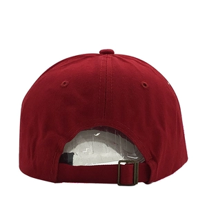 Rear view of dark red baseball cap with adjustable fabric strap and metal buckle detail