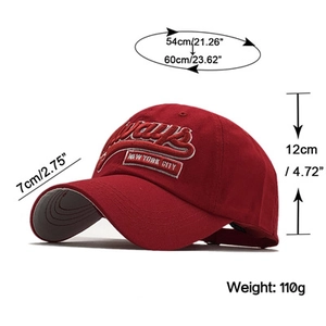 Detailed size guide of a dark red cotton baseball cap with embroidered NY city text