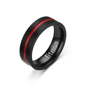 Classic black titanium steel ring for men with a vibrant red inlay and brushed finish