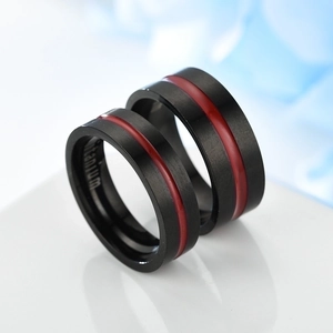 Classic black titanium steel rings with red center line for men and women set