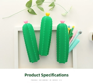 Detail of cute cactus-shaped silicone pencil case with soft texture and pink heart topper