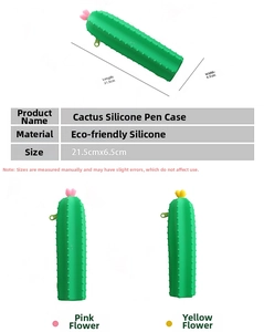 Silicone cactus pencil case size details and color comparison in green with flowers