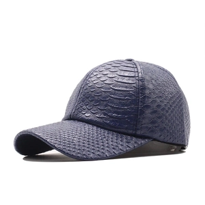 Premium dark blue baseball cap with crocodile pattern faux leather and classic curved brim