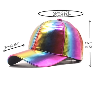 Detail view of colorful rainbow metallic baseball cap with specific size measurements