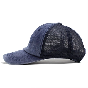 Classic dark blue washed denim mesh baseball cap with curved brim and breathable back