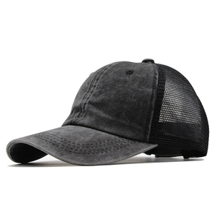 Women Ponytail Baseball Cap Washed Cotton Distressed Mesh Back Trucker Hat Breathable Adjustable Outdoor Sun Shade