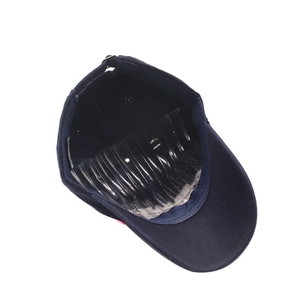 Internal view of navy blue cotton baseball cap with clear plastic support for shape