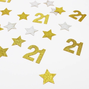 Sparkly gold and silver star and number 21 confetti for 21st birthday party decoration